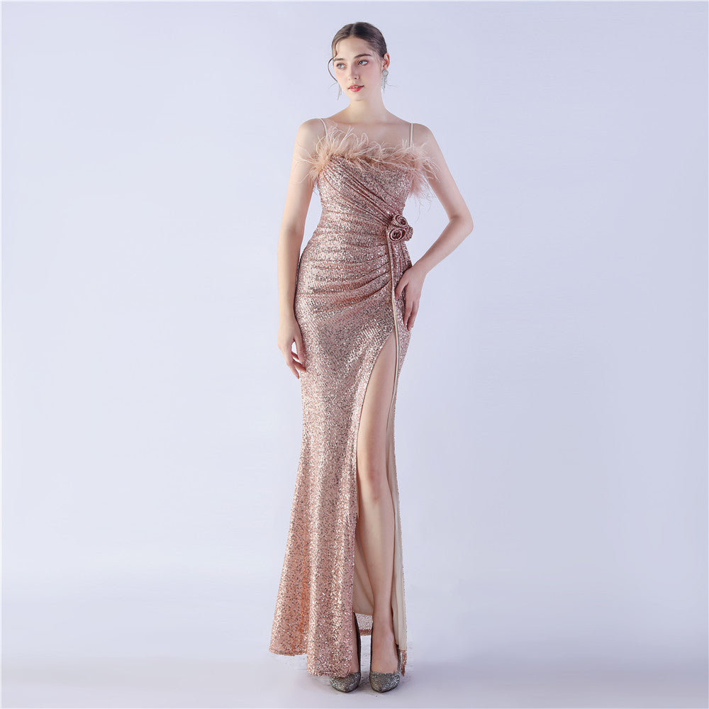 Ostrich Hair Craft Floral Wedding Annual Meeting High End Evening Dress by Ragazza