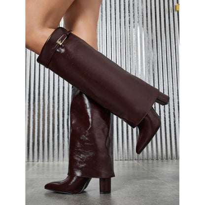 Women Boots Pointed Toe Wide Tube Straight Tube Metal Buckle Long Tube Boots Plus Size Thick Heel Leg Boot Women Boots  DestGlow