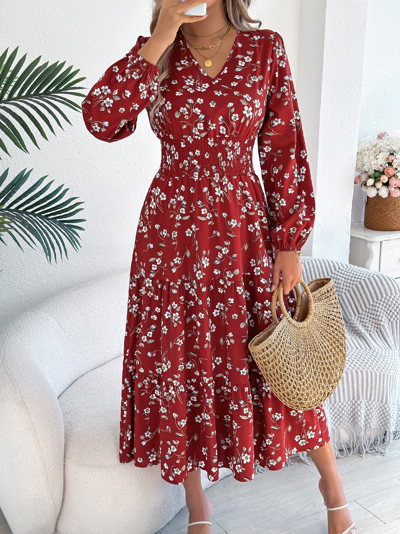 Autumn Winter Elegant Floral V neck Long Sleeve Waist Trimming Ruffles A line Women Clothing by Ragazza