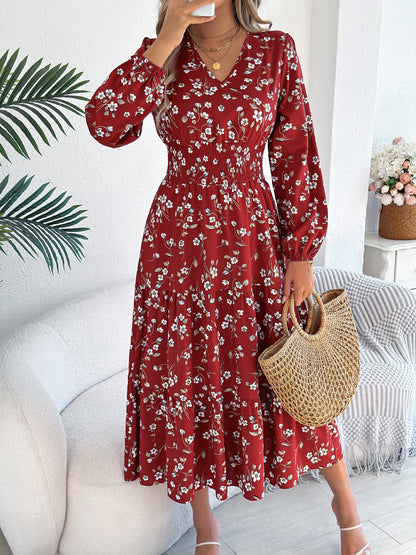 Autumn Winter Elegant Floral V neck Long Sleeve Waist Trimming Ruffles A line Women Clothing by Ragazza