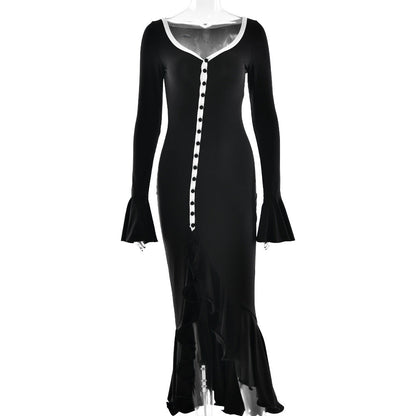 Sexy Sexy Solid Color Waist Tight Bell Sleeve Dress Single Breasted Side Slit Dress by Ragazza