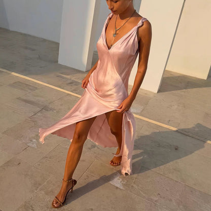 Spring Summer Satin Sleeveless Split Dress Casual Vacation Women Dress  DestGlow