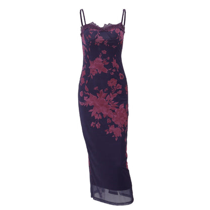 Spring Sexy Backless Lace Edge Vintage Printed Slit Dress by Ragazza