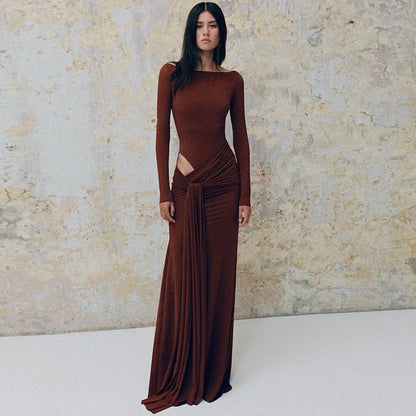 Women Clothing Autumn Solid Color round Neck Long Sleeve Waist Hollow Out Cutout out Strap Slim Maxi Dress by Ragazza