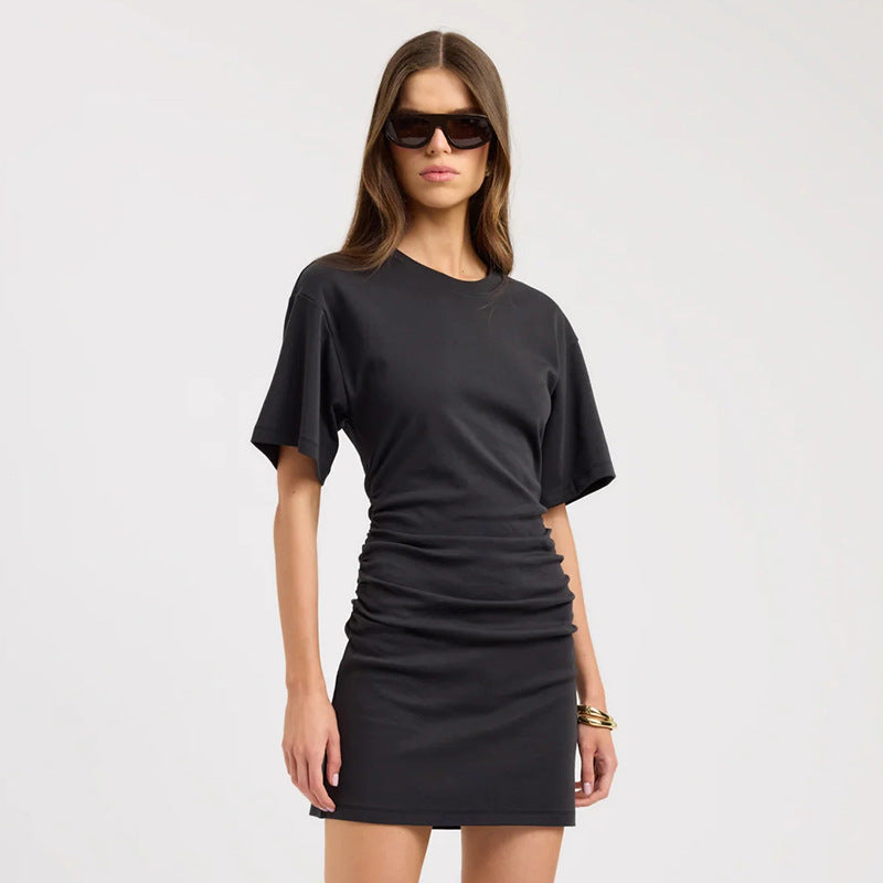 Women Clothing Spring Summer Solid Color round Neck Waist Sheath Pleated Dress by Ragazza