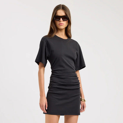 Women Clothing Spring Summer Solid Color round Neck Waist Sheath Pleated Dress by Ragazza