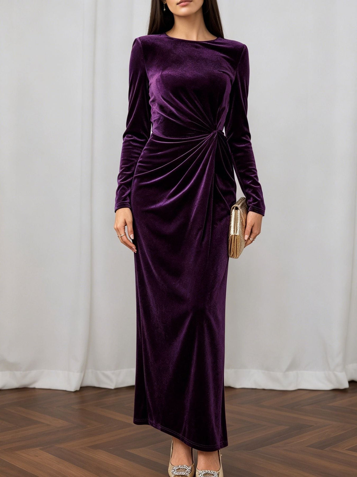 Light Luxury Matte Velvet Maxi Dress Long Sleeve round Neck Twisted Waist Flab Hiding Cocktail Dress  DestGlow