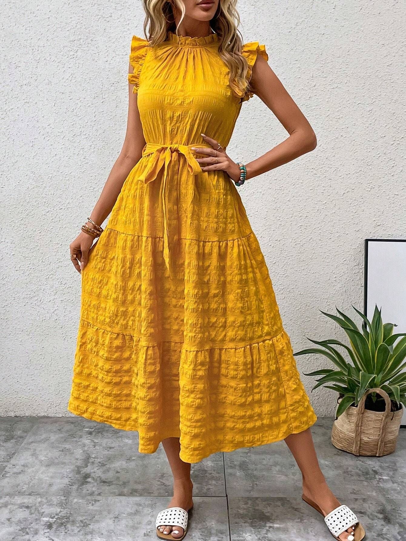 Women Clothing Summer Fashionable Stringy Selvedge Flying Sleeves Lace Up Texture Dress by Ragazza