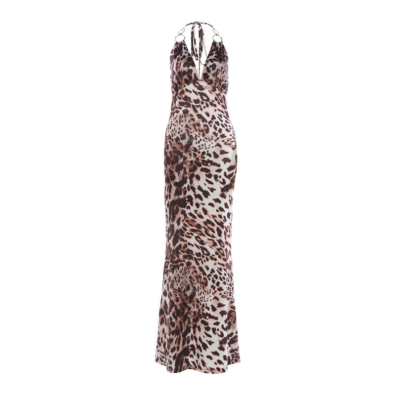 Spring Women Leopard Print Printed Sexy Slim Fit Backless Halter Dress by Ragazza