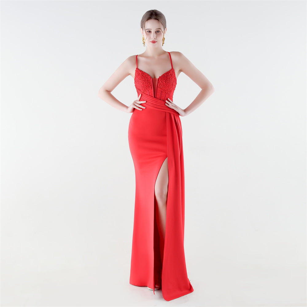 Deep V Plunge Waist Tight High Slit Sequin Embroidered Strap Slim Fit Elegant Evening Dress by Ragazza