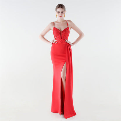 Deep V Plunge Waist Tight High Slit Sequin Embroidered Strap Slim Fit Elegant Evening Dress by Ragazza