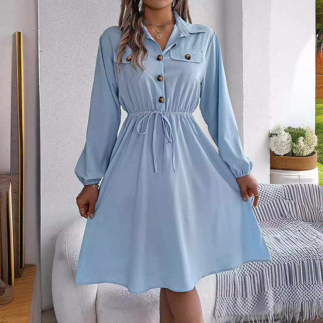 Real Shot Autumn Winter Casual Button Lace up Waist Controlled Long Sleeves Shirt Dress Women Clothing by Ragazza