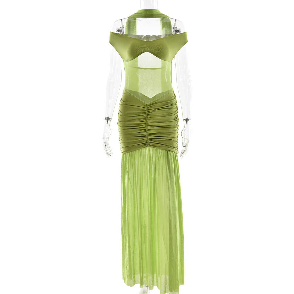 Summer Sexy Tube Top Backless Dress Mesh Pleated Slit Dress by Ragazza