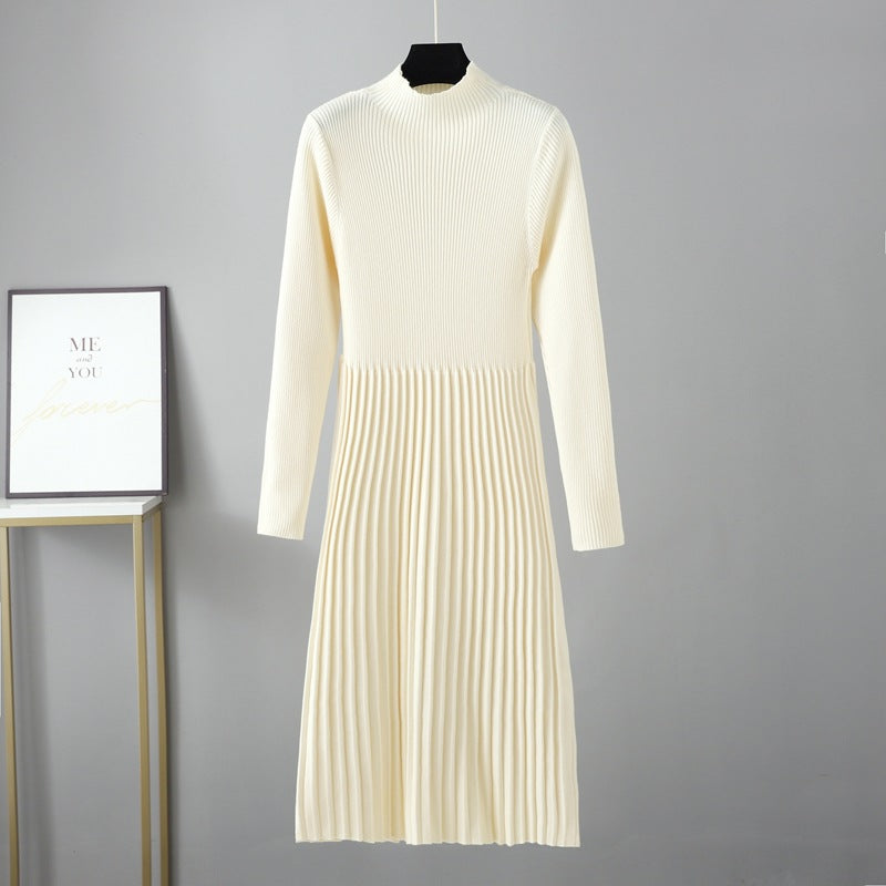 Autumn Winter Dress Solid Color Half Collar Thick below the Knees Mid Length Tight Waist Dress Soft Soft by Ragazza