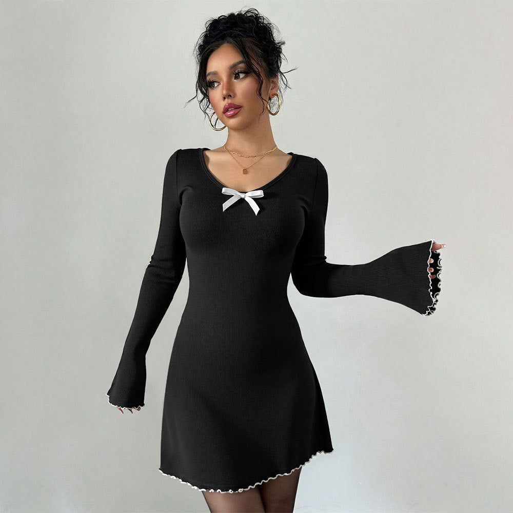 Elegant Hepburn Knitted Black White Contrast Color Bell Sleeve Slim Fit A line Long Sleeve Dress by Ragazza
