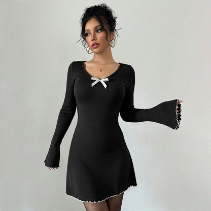 Elegant Hepburn Knitted Black White Contrast Color Bell Sleeve Slim Fit A line Long Sleeve Dress by Ragazza