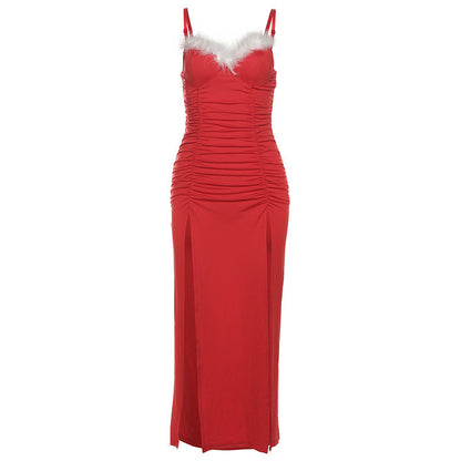 Winter Women Clothing Christmas Atmosphere Ruffled Stitching Ruffle Sexy Slimming Suspender Dress by Ragazza