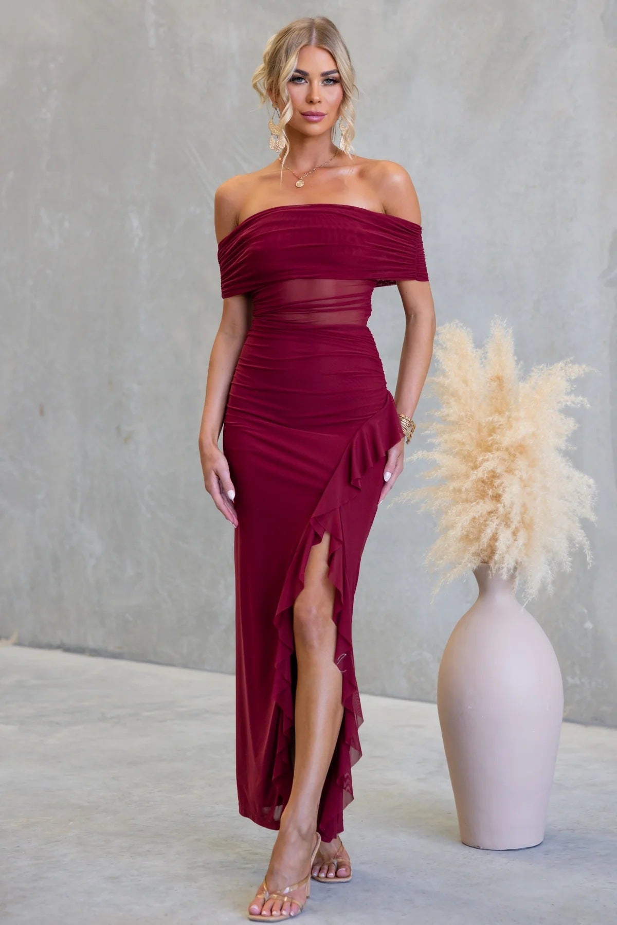 Split Ruffled Solid Color Hollow Out Cutout Mesh Sheath Dress by Ragazza