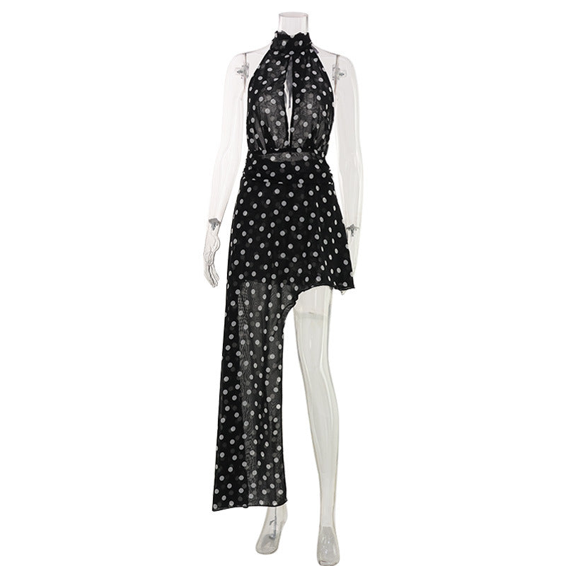 Summer Women Wear Sleeveless Halter Chest Hollow Out Cutout out All Match Polka Dot Irregular Asymmetric Mop Dress Waist Tight Dress by Ragazza