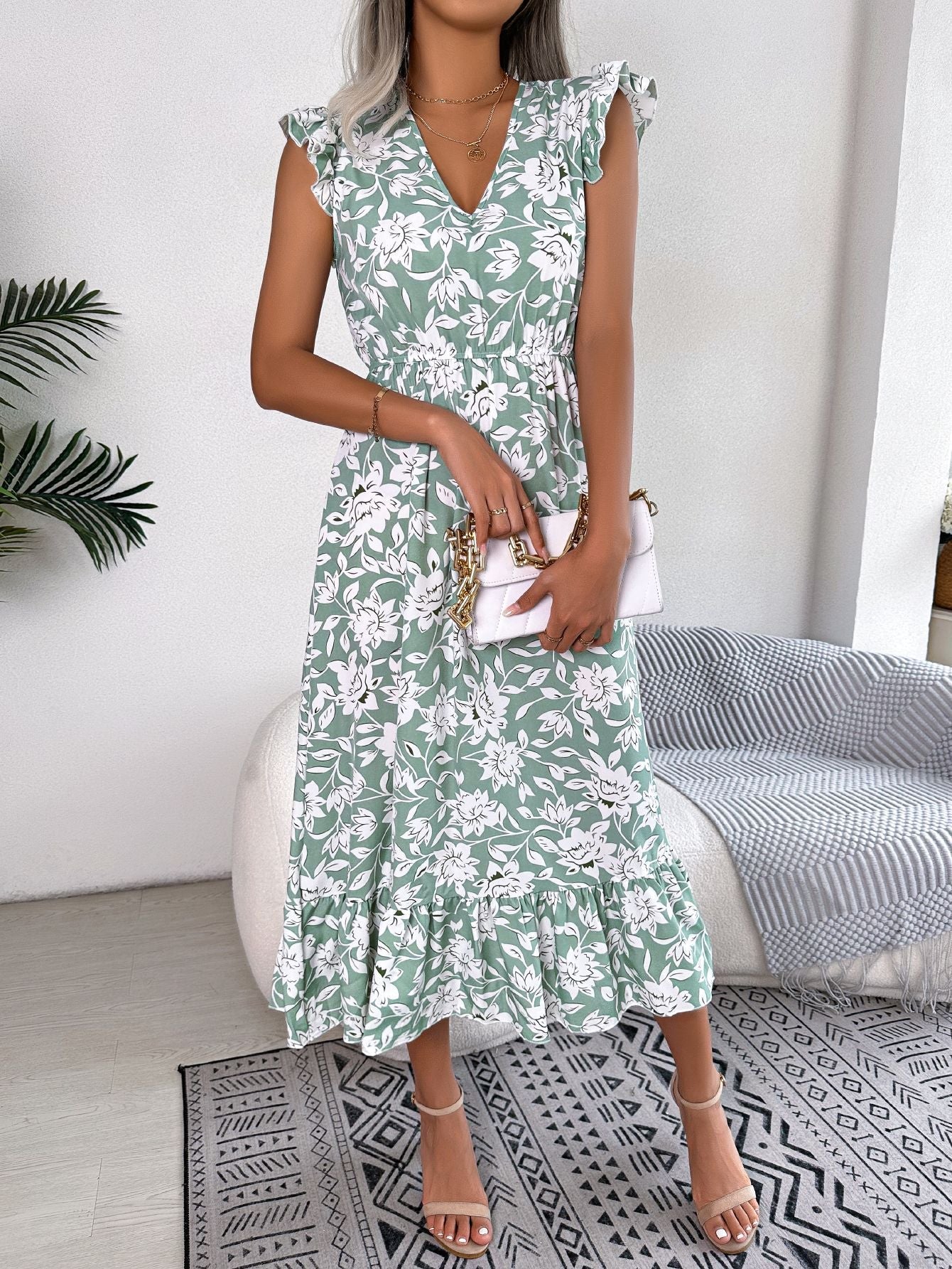 Spring Summer Casual Wooden Ear Floral Waist Slimming Maxi Dress Holiday Dress Women Clothing by Ragazza