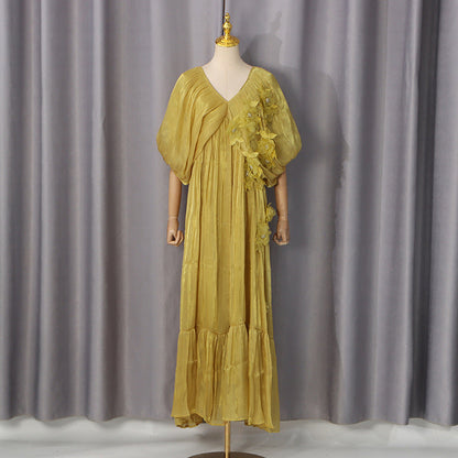 Romantic Vacation Maxi Dress Spring V neck Drop Shoulder Batwing Sleeve Stitching Three Dimensional Floral Dress  DestGlow