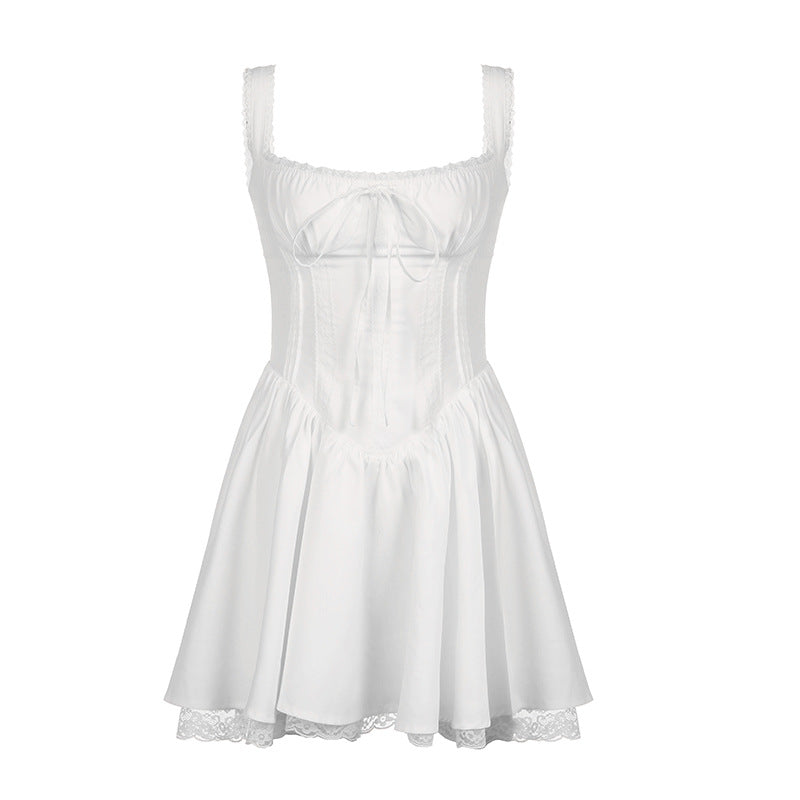 Lace Stitching Waist Pleated Waist Shaping Slimming Slip Dress French Tied Ballet Large Swing Dress by Ragazza