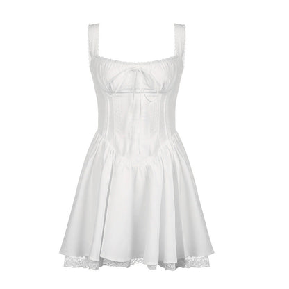 Lace Stitching Waist Pleated Waist Shaping Slimming Slip Dress French Tied Ballet Large Swing Dress by Ragazza
