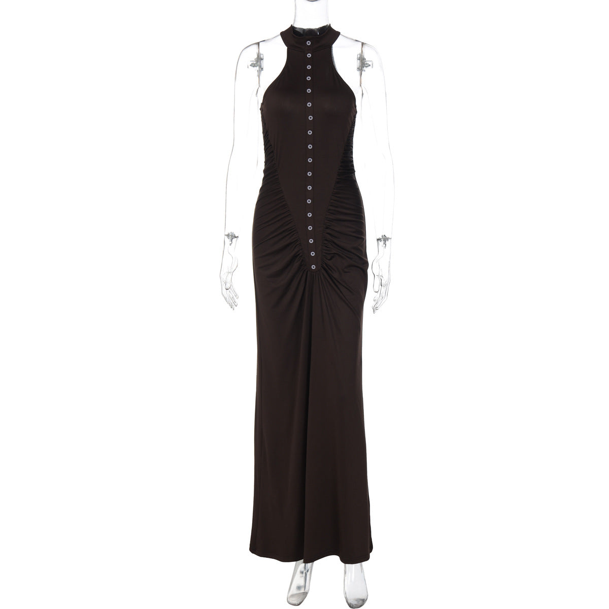 French Women Autumn Slim Fit Crumpled Button round Neck Sleeveless Dress for Women by Ragazza