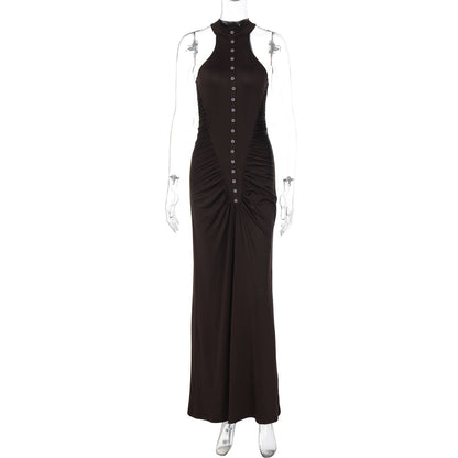 French Women Autumn Slim Fit Crumpled Button round Neck Sleeveless Dress for Women by Ragazza