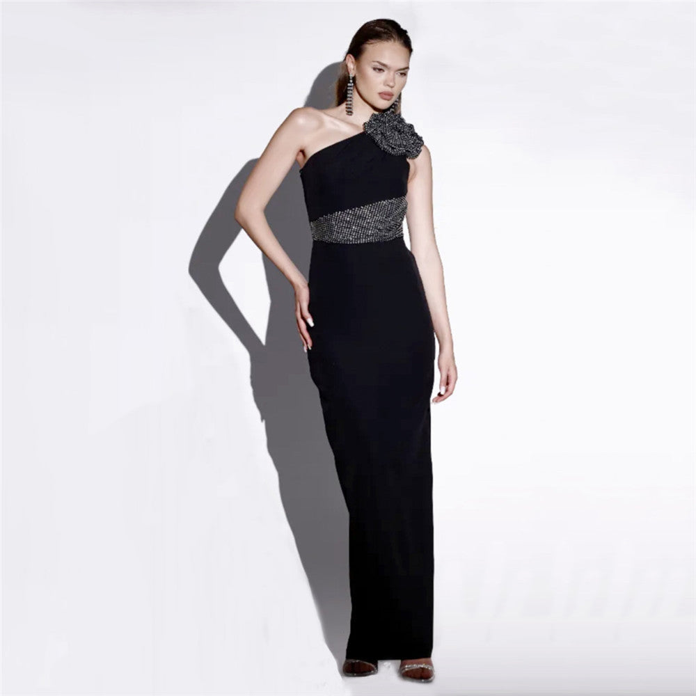 Sexy Diagonal Collar Sleeveless Rhinestone Floral Bandage One Piece Dress Party Cocktail Evening Dress by Ragazza