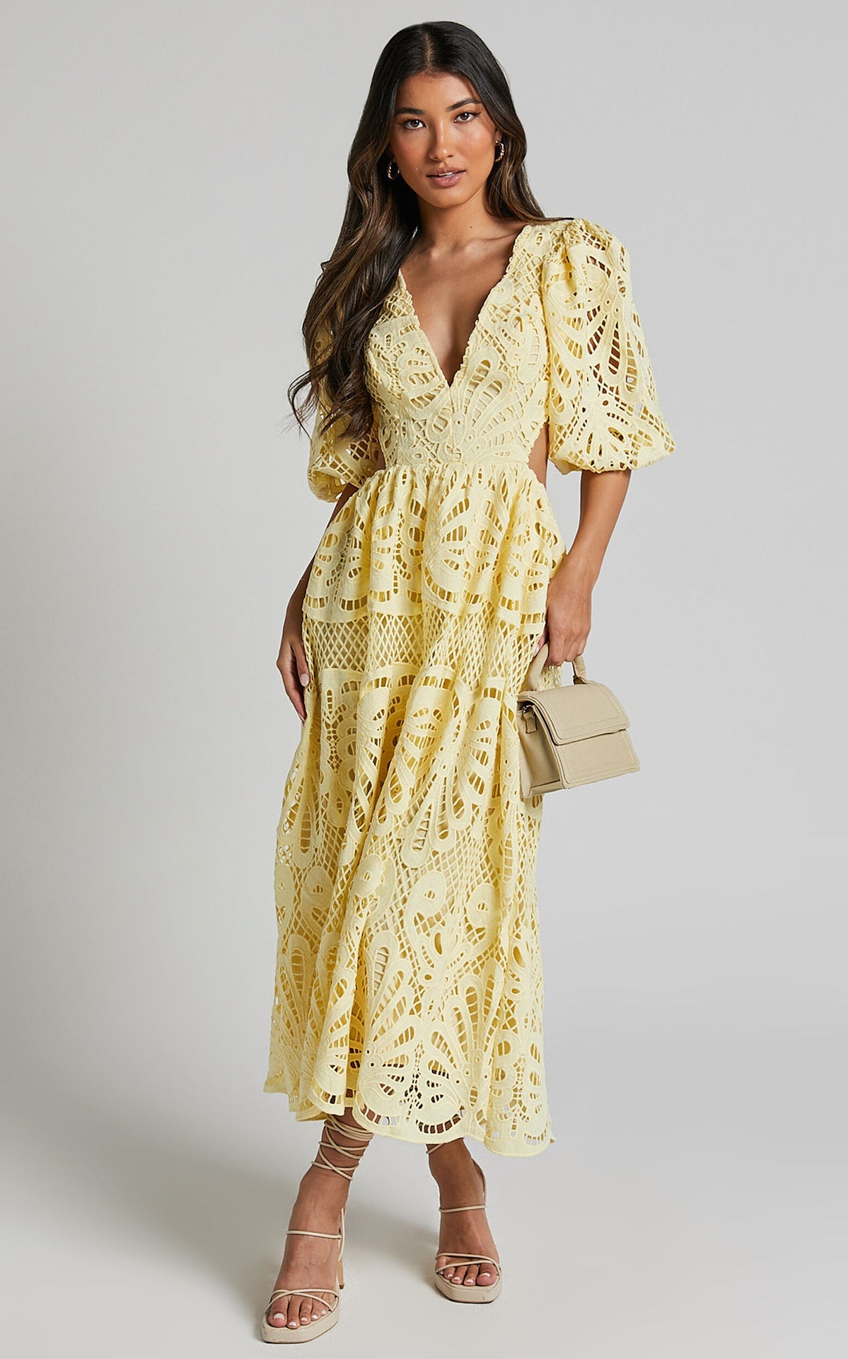 Women Clothing Hollow Out Cutout out Dress Summer V neck Lace Embroidery Sexy Waist Baring Dress by Ragazza