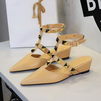 French Wedge Pointed Toe Sandals Women Classic Rivet Design Buckle Comfortable Closed Toe Back Empty Shoes  DestGlow