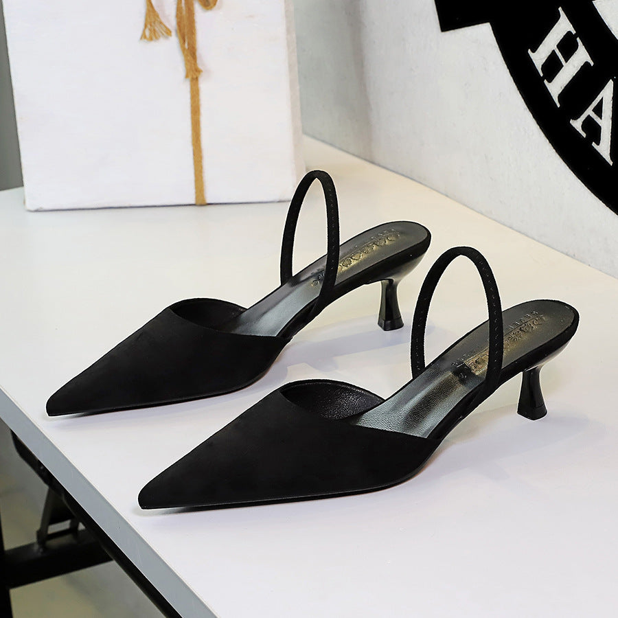 Cocktail Women Shoes High Grade Suede Pointed Toe Slingback Back Strap Middle Heel Fine Heel Sandals  DestGlow