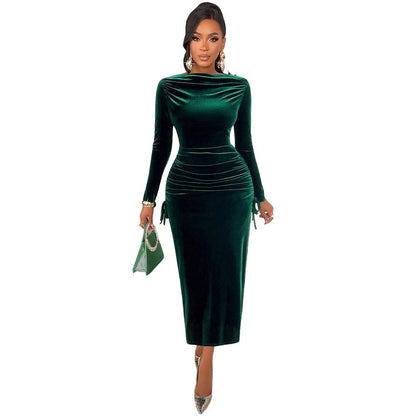 Dark Green Velvet Dress Women Autumn Winter Long Sleeve Slim Fit Slimming Side Pleated Maxi Dress Light Luxury Inner Wear by Ragazza