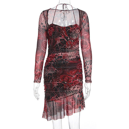 Women Clothing Summer Slim Fit Sexy Mesh Floral Print Strap Sheath Dress