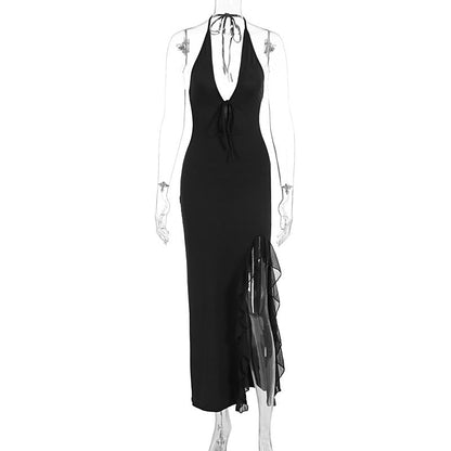 Summer Women Clothing Sexy Lace up Deep V Plunge Ruffled Patchwork Slit Dress