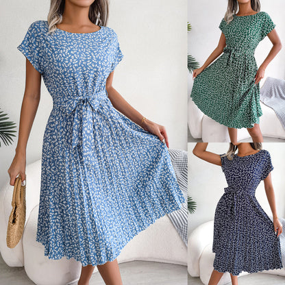 Spring Summer New Casual Short Sleeve Floral Large Hem Pleated Women Clothing by Ragazza