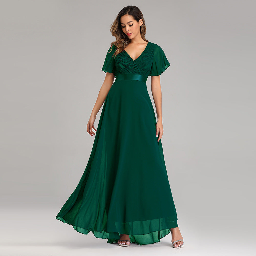 Hand-Folded Large V-neck Dress Chiffon Elastic Banquet Bridesmaid Evening Dress for Women by Ragazza