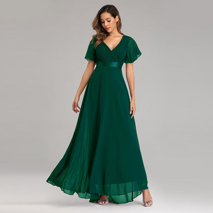 Hand-Folded Large V-neck Dress Chiffon Elastic Banquet Bridesmaid Evening Dress for Women by Ragazza