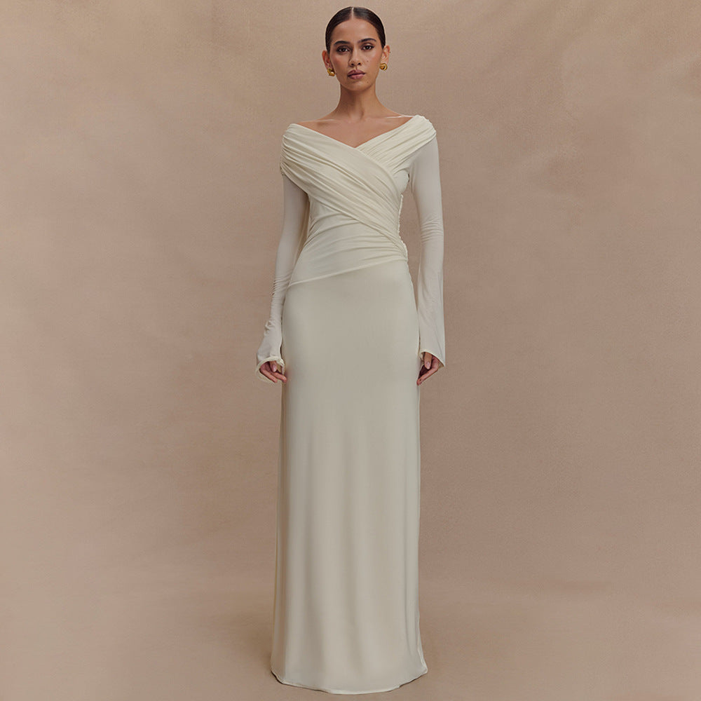 Women Spring Sexy V neck Pleated Hip Dress by Ragazza