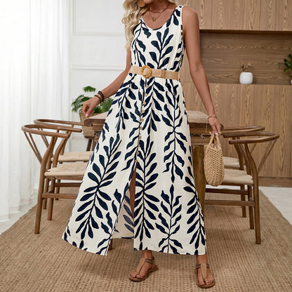Vacation Maxi Dress with Belt Sleeveless Leaf Printed Dress  DestGlow