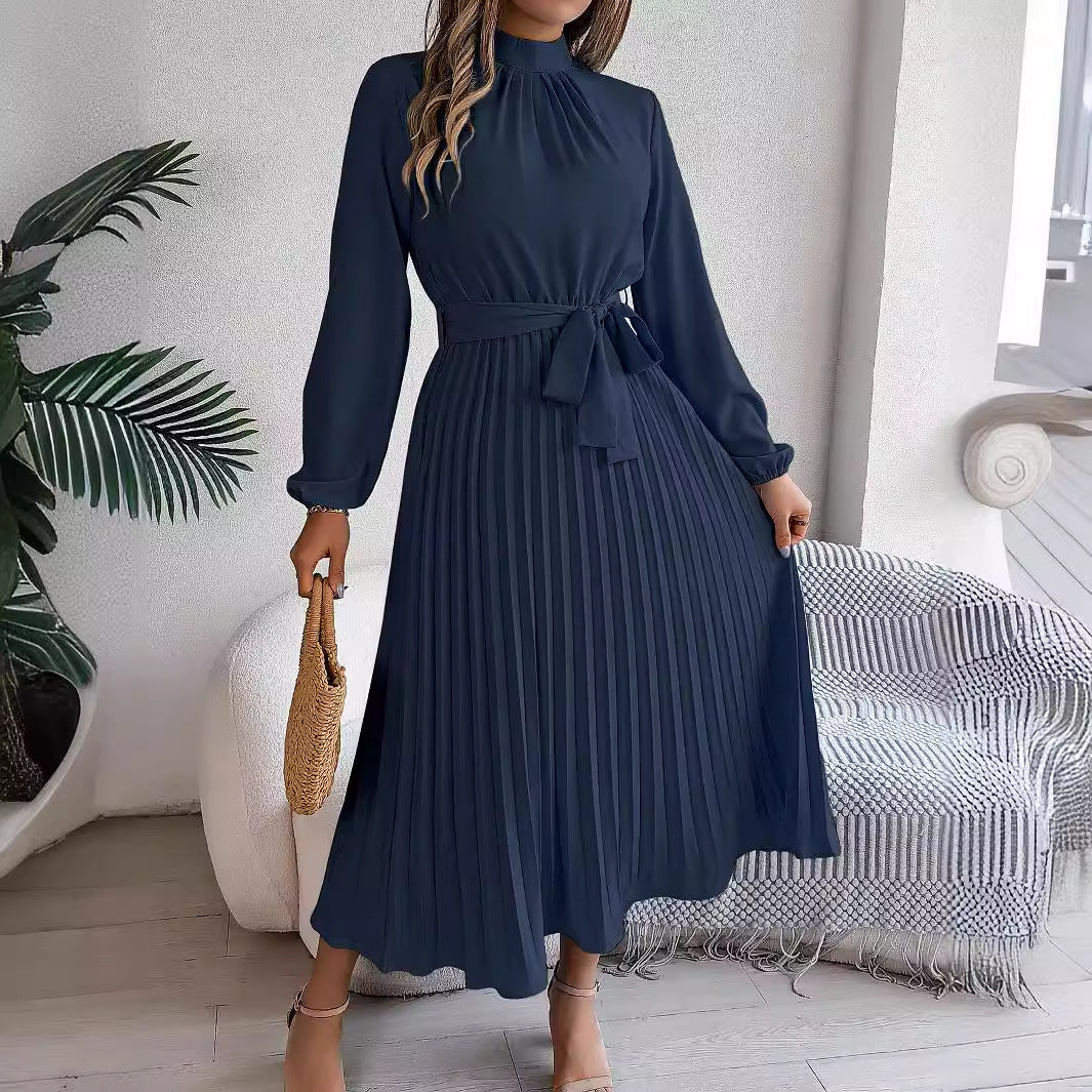 Autumn Winter Elegant Stand Collar Long Sleeve Cinched Pleated Maxi Dress Small Dress Women Clothing  DestGlow