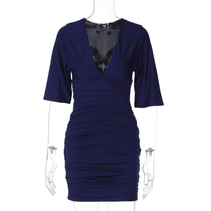 Women Sexy Low Cut Deep V Plunge neck Solid Color Pleated Waist Tight Slimming Sheath Dress  DestGlow