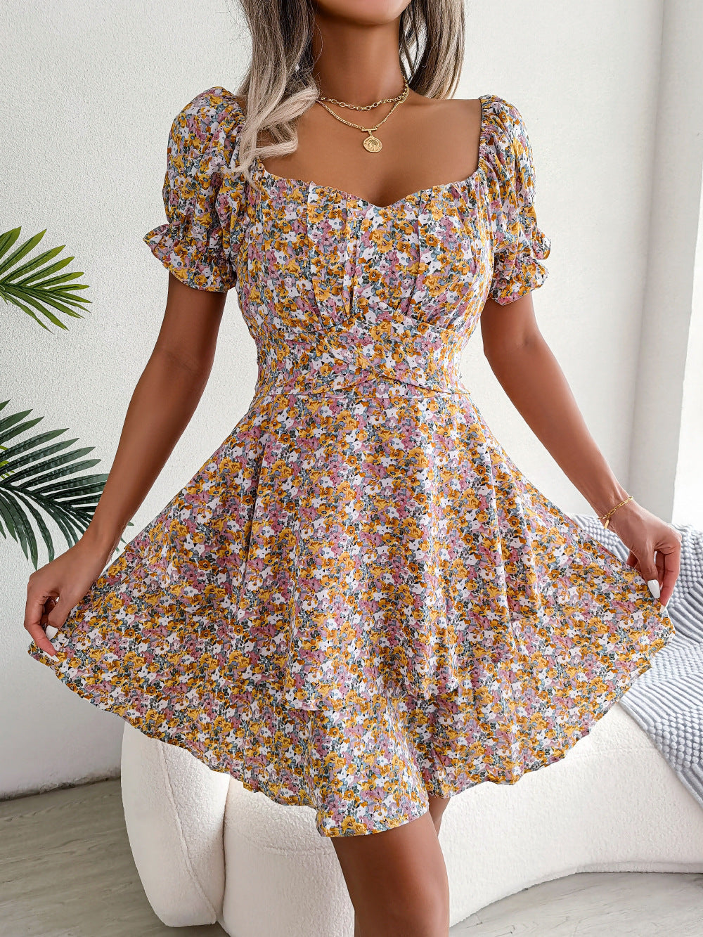 Spring Summer Elegant Floral Lace-up Waist-Controlled Large Hem Dress Women Clothing by Ragazza