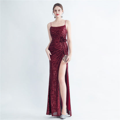 Gathers Sequ Handmade Floral Split Sling Simple Evening Dress by Ragazza