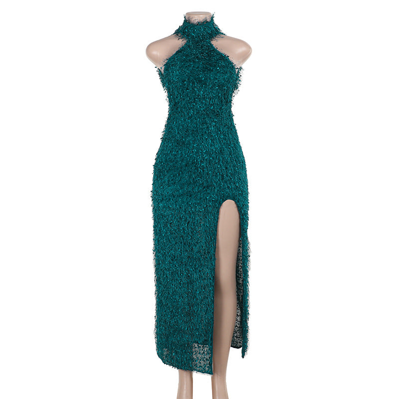 Halter Fur Texture Split Backless Dress Women Sexy Slim Fit Hip  DestGlow