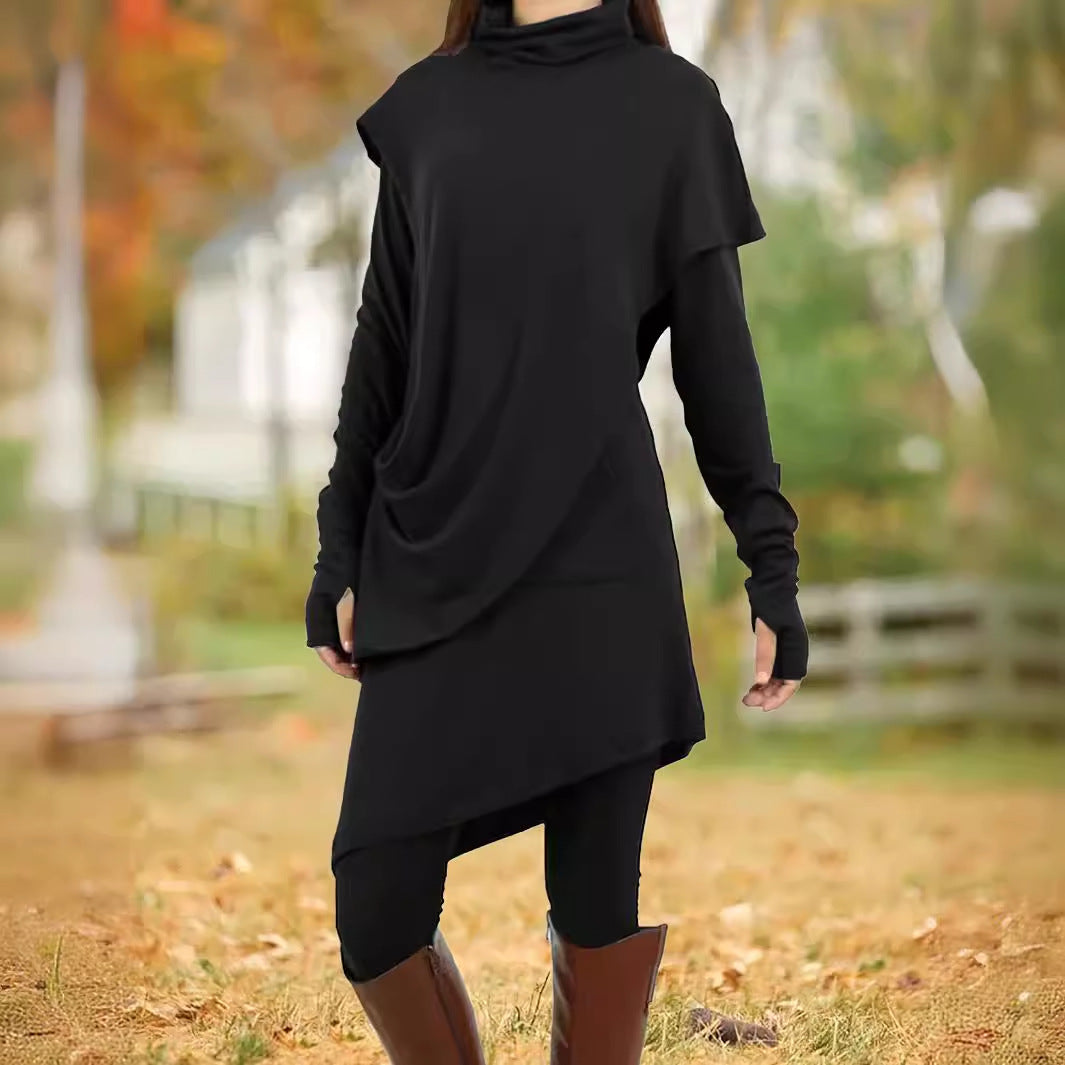 Autumn Winter Black High Collar Irregular Asymmetric Faux Two Piece Long-Sleeved Dress Women by Ragazza