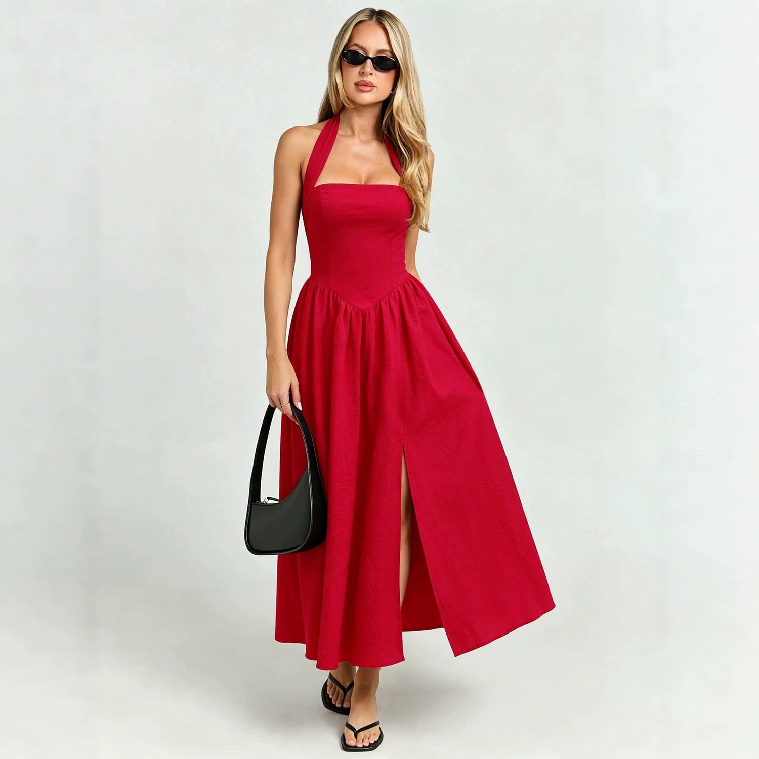 Halter Lace up Dress Women Backless Waist Trimming Large Swing Split Red Atmosphere Holiday Midi Dress by Ragazza
