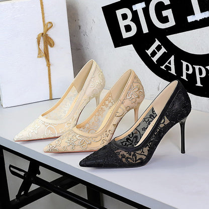 Hollow Out Cutout Super High Heel Women Shoes Pointed Toe Shallow Mouth Cocktail High Heels Floral Stiletto Heel Lace Shoes Women  DestGlow