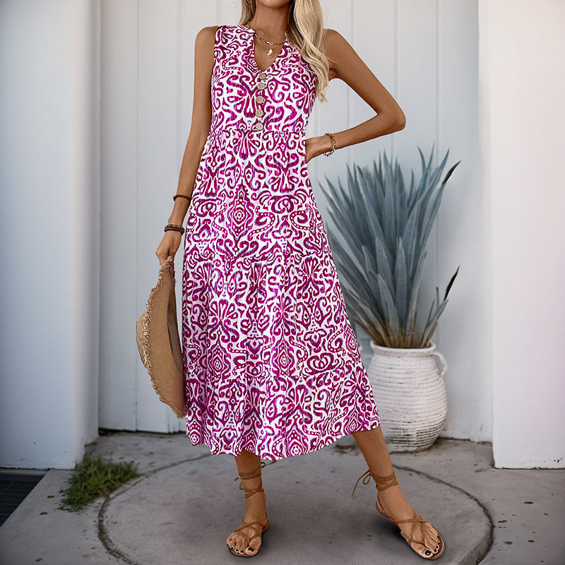 Summer Mid Length Sleeveless V neck Abstract Pattern Printing Dress by Ragazza